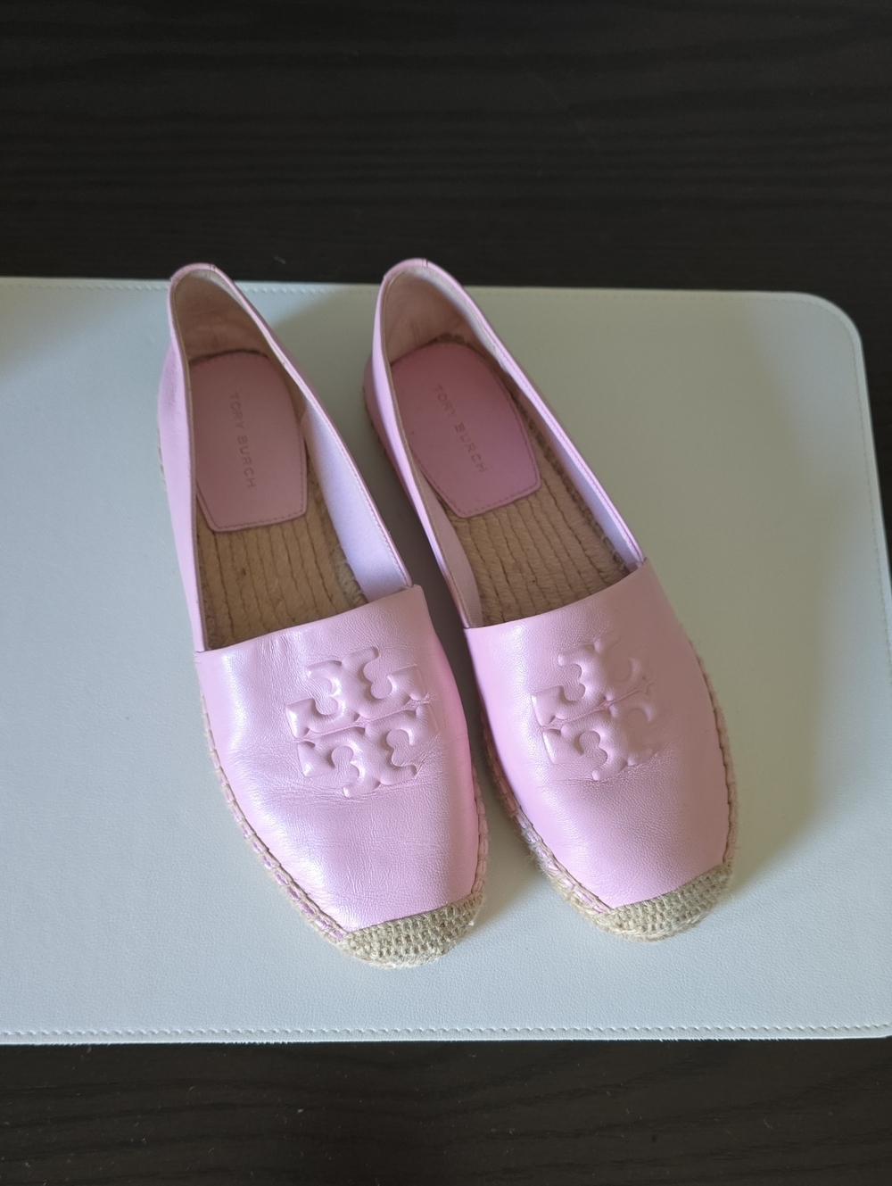 Tory Burch Pastel Pink Leather Espadrille Flats with Logo